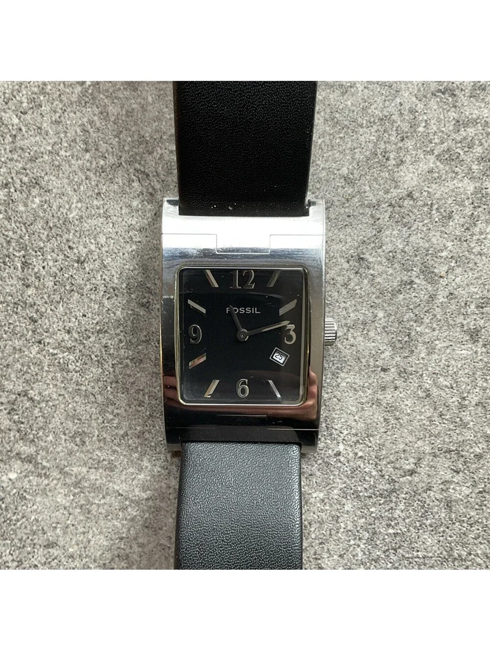 Fossil Mens Tank Style Watch 28mm Silver Tone Case Black Leather Band & Dial A15